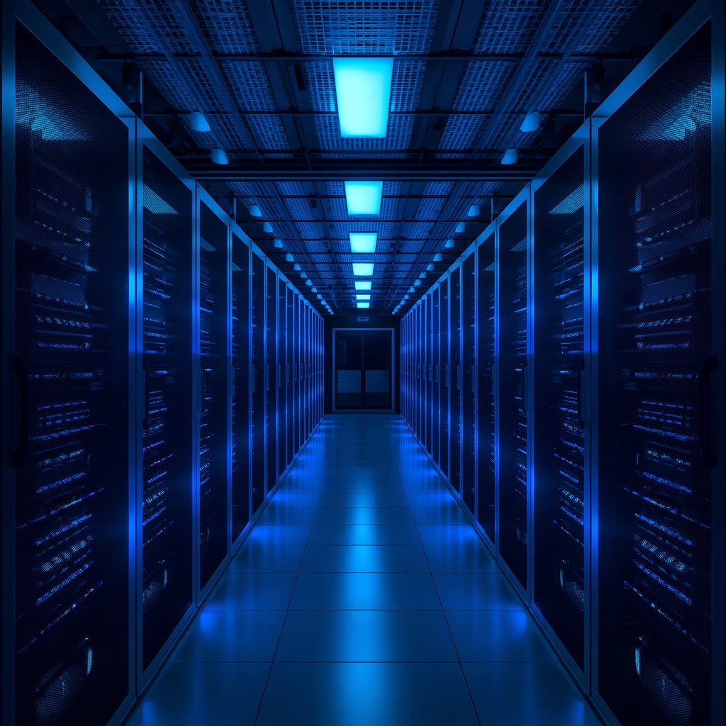 Modern data center with rows of servers illuminated by blue LED lights, futuristic cloud computing infrastructure, cinematic lighting technology concept