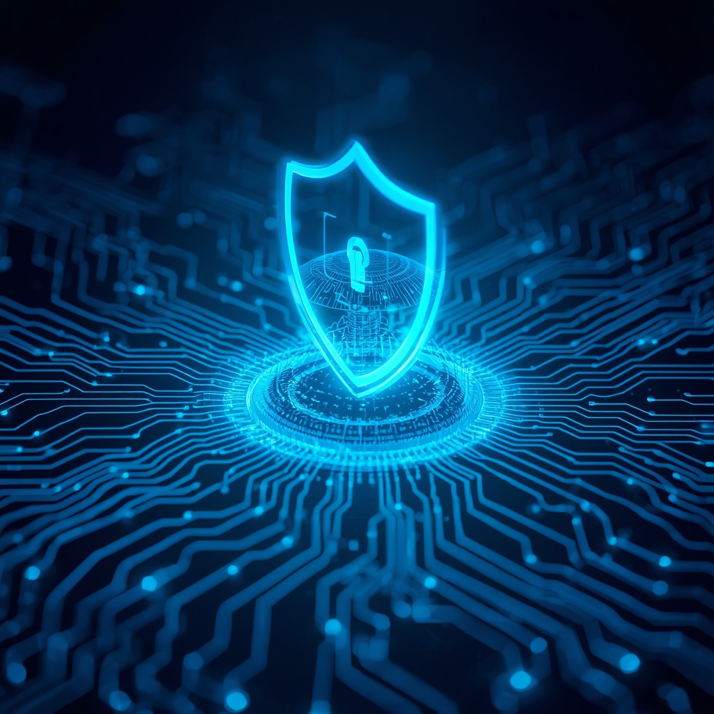 Digital network security visualization with glowing blue circuits and protective shield over cloud data infrastructure, futuristic cybersecurity concept